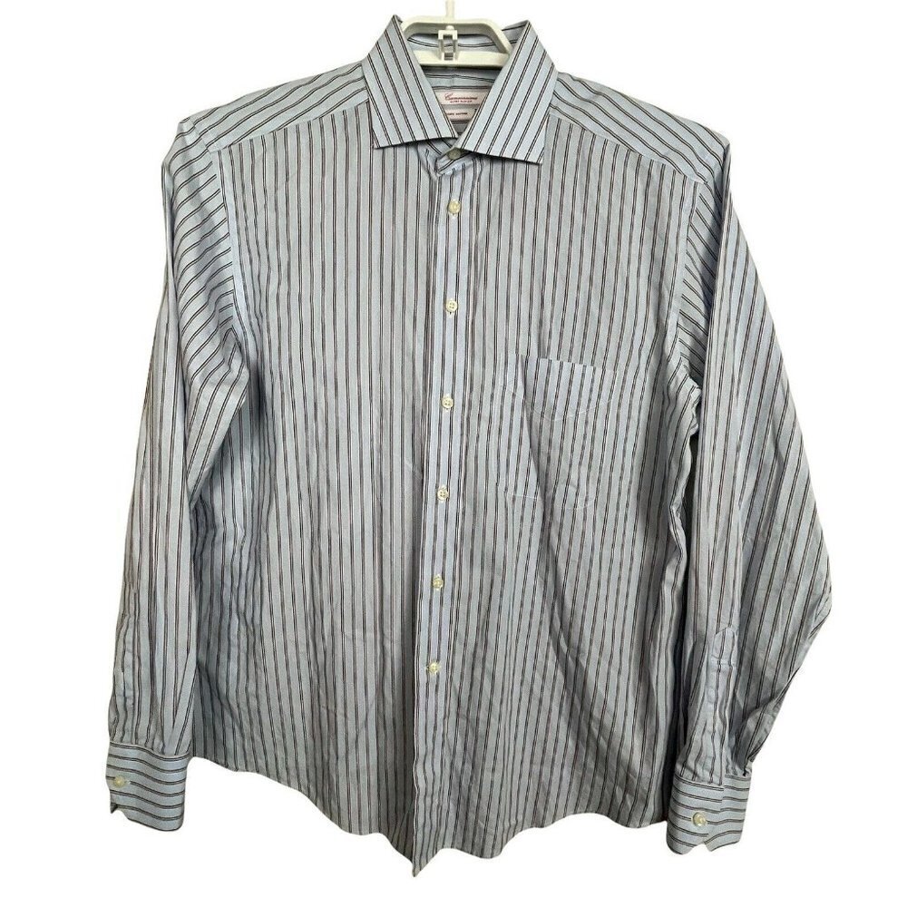 Camicissima Dress Shirt 17‎ 36/37 Blue Brown Striped Extra Slim 100% Cotton
